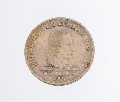 5 Mark Silbermünze, Deutschland 1955, zum 150. Todestag Friedrich Schiller, Prägemarke F