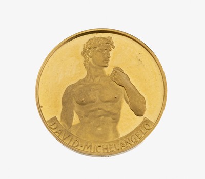 Goldmedaille, "David", 900er Gold, AV: Michelangelos David, RV: Lorbeerkranz, Inschrift: Opera Maxima in Saeculis, ca. 6.0 g