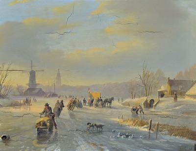 Jako Jan Coenraad Spohler, 1837 Amsterdam - 1923, Winterlandschaft/Eisvergnügen, Öl/Eichenplatte, Farbe rissig bzw. teilweise leicht gelöst bzw. ...