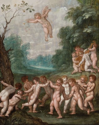 Zuschreibung: Jan van Balen, 1611-1654 Antwerpen, Puttoreigen in einer bewaldeten Landschaft, Öl/Kupfer, rest., mit minimalen Retuschen, ca. ...