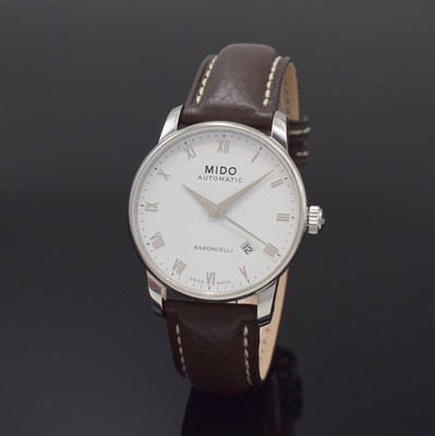 MIDO Herrenarmbanduhr Serie Baroncelli Referenz 8600, Schweiz um 2000, Automatik, Edelstahlgeh. inkl. neutr. Lederband m. orig. dopp. Faltschl., ...