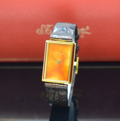 DUPONT Designer-Herrenarmbanduhr, Frankreich / Schweiz um 1988, quarz, verg. Geh., orig. Lederband m. Dornschl., Zifferbl. wie Gehäuseteile mit ...