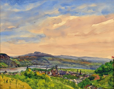 Carl Schmitz-Pleis, 1877 Lüchterscheid-1943 Düsseldorf, Blick auf die Brücke von Remagen vor der Zerstörung, Aquarell auf Papier, ca. 34x43cm, ...