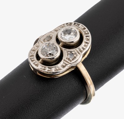 14 kt Gold Art-Deco Diamant-Ring, GG/WG 585/000, 2 Altschliffdiamanten und 2 Diamantrosen zus. ca. 0.50 ct Weiß/p, ca. 4.4 g, RW 55