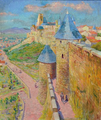 August Le Tendre, 1867 Guingamp-1931 Lorient, Freund und Schüler von henri Moret, hier: Ansicht von Carcasonne, Öl/Malkarton, links unten sign. und ...