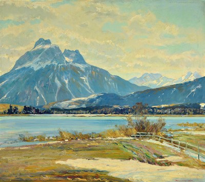 Paul Johann Walch, 1881 Leutstetten-1958, Gebirgslandschaft mit See, Öl/Lwd, rechts unten signiert, ca. 80x90cm, R. ca. 96x106cm, Walch studierte an ...