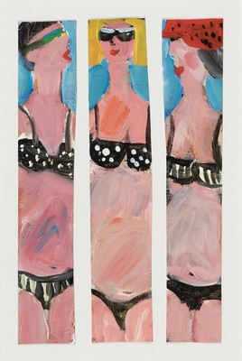 Sigrid Palmer, geb. 1962 Schorndorf, lebt und arbeitet in Frankfurt/M., Strandgespräch, Öl/Malkarton, 3 mal je 32x5.5cm, PP, u.Gl., R. ca. 65x45cm