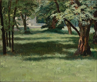 Ernst Liebermann, 1869 Langenmüß-1960 Beuerberg, Badenburg im Schloßpark Nymphenburg, Vorstudie zu einem größeren Ölgemälde, Öl/Malkarton, ...