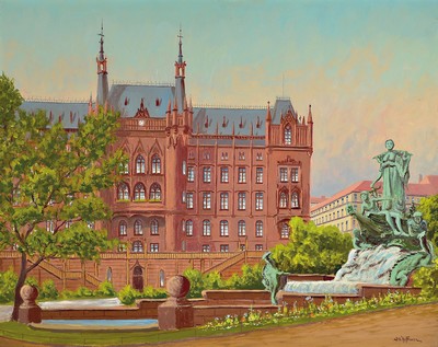 Wilhelm Hoffmann, 1897-1986, Neues Rathaus mit Manzel-Brunnen in Stettin, Öl/Hartfaser, rechts unten signiert, ca. 55x70cm, R. ca. 66x80cm