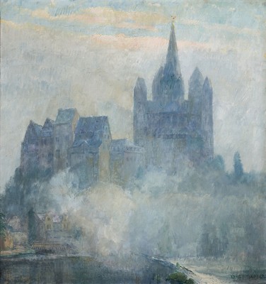 Ernst Toepfer, 1878 Wiesbaden-1955 Idstein, Blick auf den Dom zu Limburg an der Lahn im Morgennebel, Öl/Lwd, rechts unten signiert, schöne ...