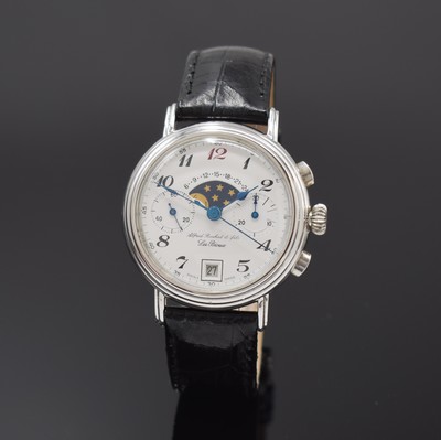 ALFRED ROCHAT & FILS limitierter Armband- Chronograph mit Mondphase und Datum in Silber, Schweiz um 1990, Handaufzug, 3-tlg. Sterling-Silbergeh., ...