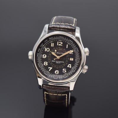 HAMILTON Herrenarmbanduhr Khaky Navy UTC Referenz H775050, Automatik, Schweiz um 2015, Edelstahlgeh. inkl. Lederband m. Faltschl., Boden 6-fach ...