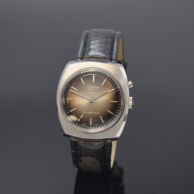 VULCAIN Cricket nahezu neuwertige Armbanduhr mit Wecker Referenz S 2326 B in Stahl, Schweiz um 1970, Handaufzug, Kissenförm. Geh., Boden m. ...