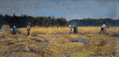 Fritz Gärtner, 1882 Aussig-1958 München, "Am Erntefeld" so verso bezeichnet, sommerliche Getreideernteszene, signiert und datiert 1917, ...