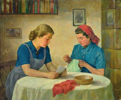 Unbekannter Künstler, deutsch, um 1940, Interieur mit 2 jungen Frau am Tisch, Öl/Lwd, unsign., ca. 61x74cm