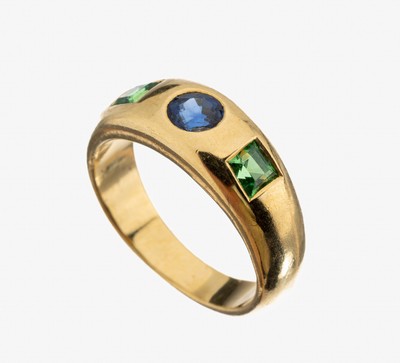 18 kt Gold Saphir-Tsavorith-Ring, GG 750/000, facett. Tsavorithe zus. ca. 0.20 ct, ovalfacett. Saphir ca.0.20 ct, RW 45, ca. 4.9 g