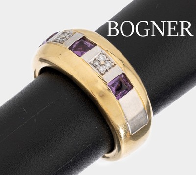 18 kt Gold BOGNER Amethyst-Brillant-Ring, GG/WG 750/000, 3 facett. Amethyste, 8 Brillanten zus. ca. 0.08 ct Weiß/vs-si, RW 55.5, ca. 17.8 g