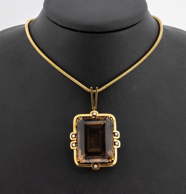 14 kt Gold Rauchquarz-Diamant-Anhänger, GG 585/000, facett. Rauchquarz-Achteck ca. 75 ct,6 kl. 8/8-Diamanten, aufwändige Unterkaderung,schwere ...