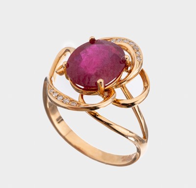 18 kt Gold Rubin-Brillant-Ring, RG 750/000,Ringkopf offen gearbeitet, mittig ovalfacett. Rubin ca. 3.0 ct (farb. und reinheitsbeh.), 17Brillanten ...