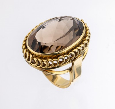 14 kt Gold Rauchquarz-Ring, GG 585/000, ovalfacett. Rauchquarz ca. 26.0 ct, Kordelrandverzierung, RW 54.5, ca. 18.8 g