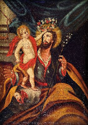 Barockgemälde des 18.Jh., Hl. Joseph mit erblühtem Hirtenstab, bekrönt durch Putto, Öl/Lwd, stark krakeliert, restauriert, deutliche ...