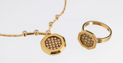 18 kt Gold Brillant-Schmuckset, GG 750/000,best. aus: Ring, RW 54, und Collier, L. ca. 43 cm, 30 Brillanten zus. ca. 0.55 ct Weiß/si,Meistermarke ...