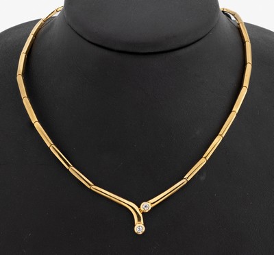 14 kt Gold Brillant-Collier, GG 585/000, 2 Brillanten zus. ca. 0.30 ct (grav.) feines Weiß-Weiß/si, ca. 20.9 g, L. ca. 42 cm, Kastenschloss mit 2 ...