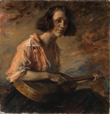 Ludwig Angerer, 1891 Thalheim b. Wels-1948, Frauenbildnis, junge Frau mit Mandoline, rechts oben signiert und datiert 1924, Öl/Lwd,82x80 cm, ...