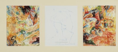 Bernard Schultze, Zeichnung und zwei Offsets bunte Polger-Landschaft, Zeichnung mit Widmung und Datierung Okt. 90, zeichnung ca. 25 x 20cmKomplett: ...