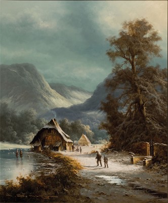 Ludwig Muninger, 1929 Lechhausen-1997 Westheim, winterliche Vorgebirgslandschaft mit Wanderern am Fluss, stimmungsvolle Malerei, Öl/Lwd, links unten ...
