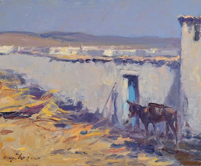 Hansjörg Wagner, 1930 Berlin - 2013 München, Andalusien, Esel vor weißer Mauer, 2000, Öl/Lwd, signiert, ca. 38 x 46 cm, Rahmen ca. 48 x 56 cm