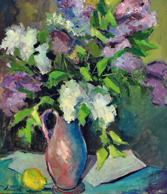 Robert Lauth, 1896-1985 Ludwigshafen, Blumenstillleben mit Flieder, singniert und datiert 1949, Öl/Masonit, 70x60cm, Rahmen 82x72 cm