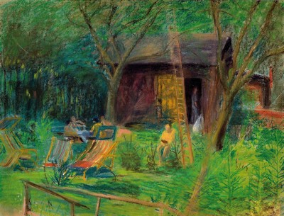 Hermann Jürgens, 1914 Heidelberg-1967 Godramstein, Pastell auf Papier, Blick in den Garten, wohl Garten des Künstlers in Godramstein, unsigniert ...