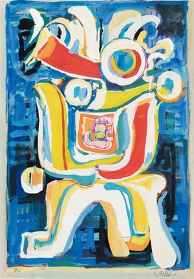 Friedrich Josse, 1897 Wolfstein-1994 Speyer,2 Mischtechniken auf Papier, "Mit der Kokarde" 1970, ca. 43x30cm, unter Glas 51x51 cm; ...