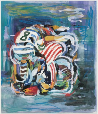 Friedrich Josse, 1897 Wolfstein-1994 Speyer,Mischtechnik auf Papier, "Eishockey Spieler", 1969, unter PP und Glas gerahmt 54x46 cm