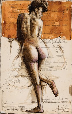 Andreas Noßmann, geb. 1962, Aktzeichnung, Federzeichnung/Farbstift/ Aquarell auf Papier, Titel: "Judith", 2021 WVZ. Nr. DVZ 1488, Blatt ...