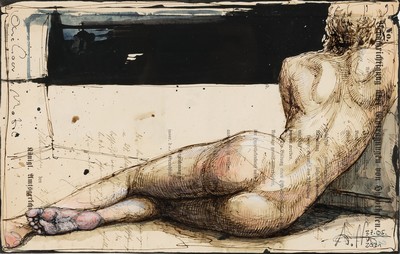 Andreas Noßmann, geb. 1962, Aktzeichnung, Federzeichnung/Farbstift/ Aquarell auf Papier, Titel: "One Hour Motel", 2021, WVZ. Nr. DVZ 1486, ...