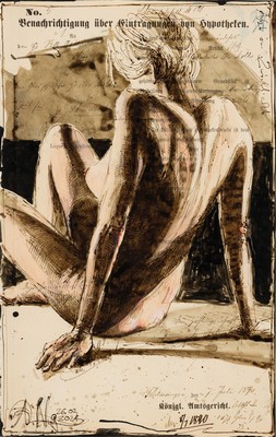 Andreas Noßmann, geb. 1962, Aktzeichnung, Federzeichnung/Farbstift/ Aquarell auf Papier, Titel: "Akt im Zwielicht" 2021, WVZ. Nr. DVZ ...