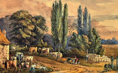 Jean Victor Bertin, 1767-1842 Paris, 2 Aquarelle, bäuerliche Szene mit Schäfer und Viehhirt, Landschaft mit Wasserfall am Dorfrand, je datiert 1827 ...