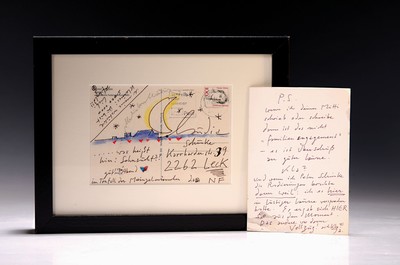 Horst Janssen, 1929-1995 Hamburg, 2 Künstlerpostkarten, 1x mit händischer Zeichnung, 1989, unter Glas gerahmt 20x26 cm; 1x persönliche Karte mit ...