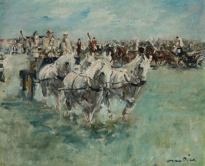 Otto Dill, 1884 Neustadt-1957 Bad Dürkheim, "Reit- und Fahrturnier" so auf Künstleretikett bezeichnet, um 1950, 2 Vierspänner vor ...