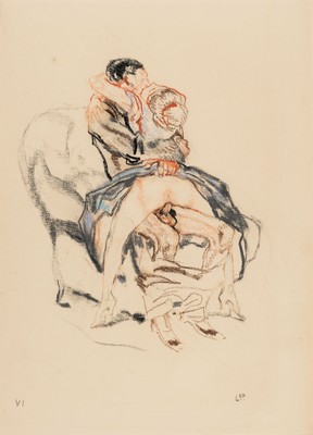 Leo Putz, 1869-1940, erotische Darstellung, monogrammiertes Pastell auf Papier aus einer Folge von 14 Erotik Pastellen, hier: Pastell Nr. VI, um ...