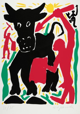 A.R.Penck, 1939-2017, "Europa", Siebdruck auf festem Karton, aus 1994, handsign., num. 31/35, unter Glas gerahmt, Blatt ca. 59,5x84 cm, R. ...