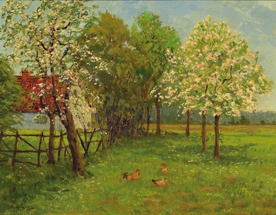 Adolf Hilgers, 1896-1959 Düsseldorf, blühende Bäume vor einem Bauernhof, im Vordergrund Hühner, Öl/Lwd, 36x46cm, R. ca. 51x61cm