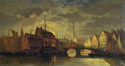 N. Ange, wohl Düsseldorfer Schule, dat. 1878, niederländische Hafenszenen bei Mondschein, R., gesamt ca. 87x60 cm, l. besch. bzw. kl. Riß, ...