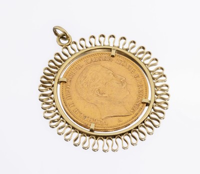 14 kt Gold Münzanhänger, GG 585/000, gefasste Goldmünze, 20 Mark, Deutsches Reich, 1906, Wilhelm II. Deutscher Kaiser König von Preußen, ca. ...