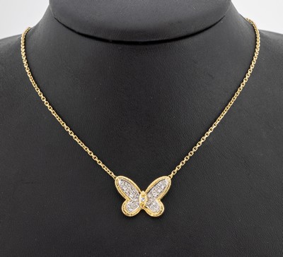 14 kt Gold Diamant-Collier "Schmetterling", GG/WG 585/000, 31 8/8-Diamanten zus. ca. 0.32 ct Weiß/si, ca. 9.6 g, L. ca.40 cm, ...