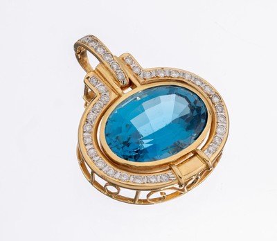 18 kt Gold Topas-Brillant-Clipanhänger, GG 750/000, ovaler Blautopas (beh.) ca. 36.00 ct, 34 Brillanten zus. ca. 1.0 ct Weiß/si-p1, Unterkaderung ...