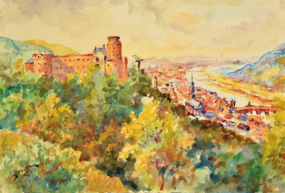 W. Braune, Künstler des 20.Jh., Aquarell, Blick über das Schloß Heidelberg auf die Altstadt, signiert und datiert 1945, ungerahmt, Blatt 19x28 cm