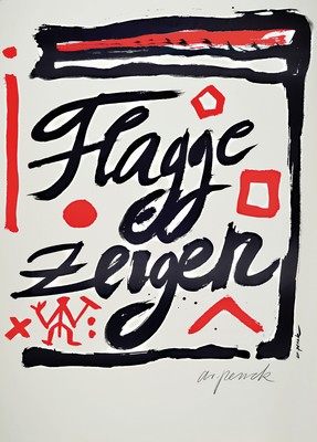 A.R. PENCK, 1939 - 2017 Dresden, Farboffset,"Flagge zeigen", 1995, handsigniert, Auflage 35, 84 x 59.5 cm, rechte Seite gewellt
